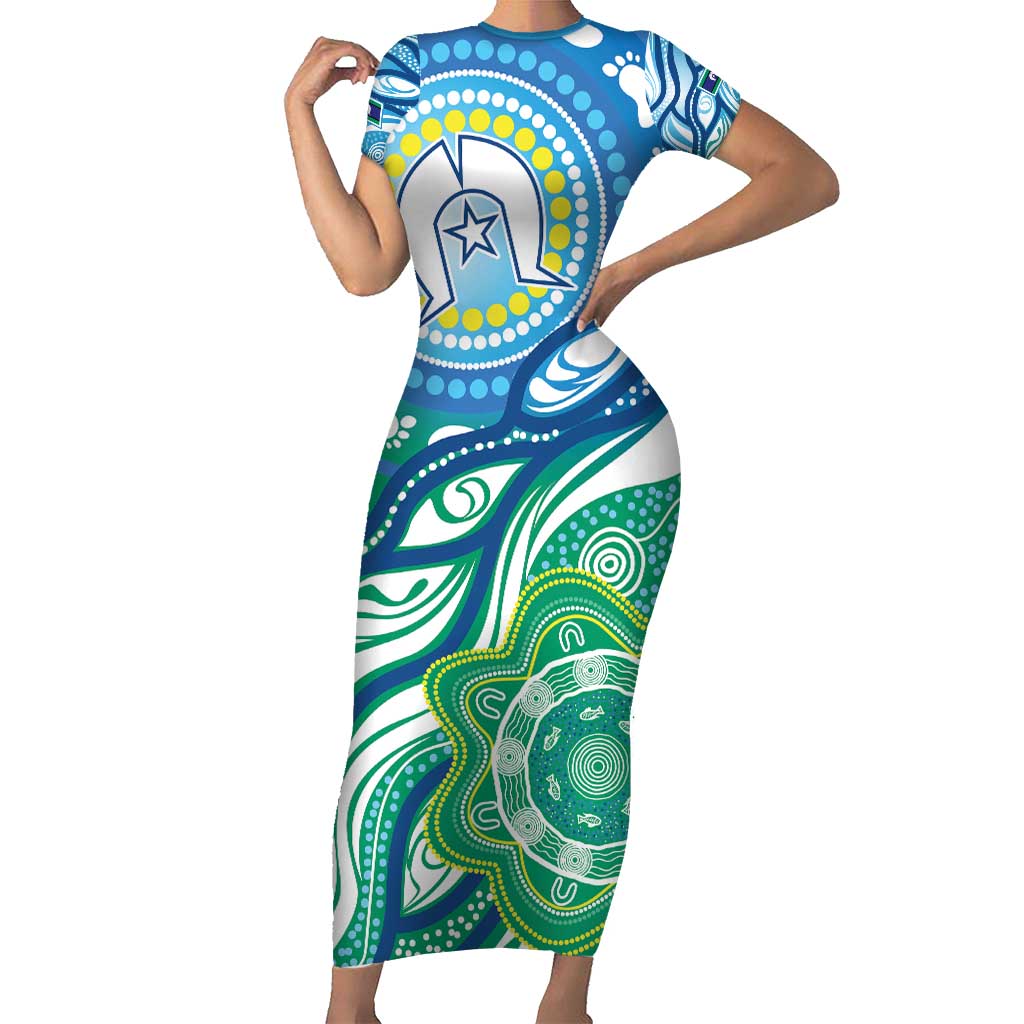 Torres Strait Islander Family Matching Short Sleeve Bodycon Dress and Hawaiian Shirt Aboriginal Blue Art