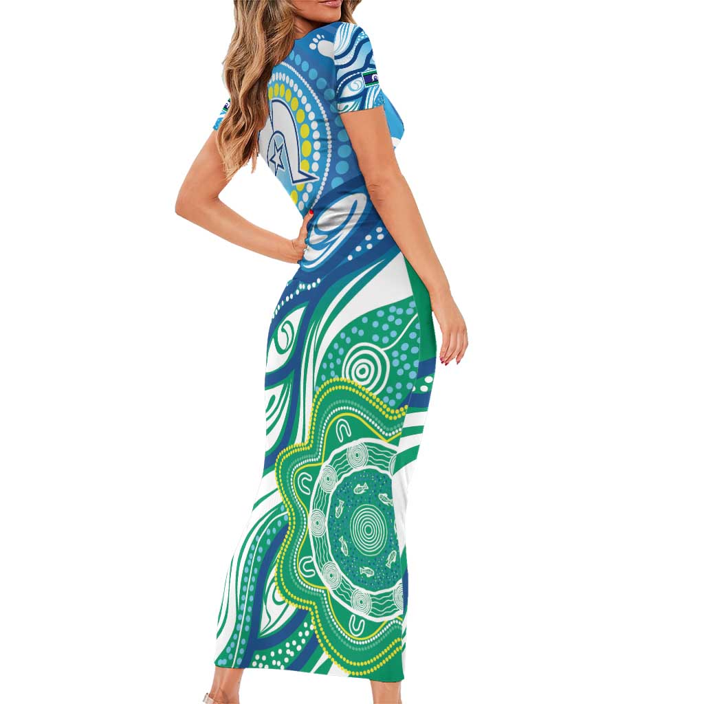 Torres Strait Islander Family Matching Short Sleeve Bodycon Dress and Hawaiian Shirt Aboriginal Blue Art