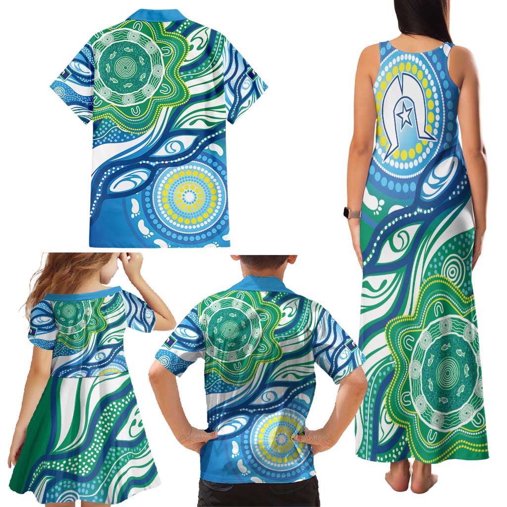 Torres Strait Islander Family Matching Tank Maxi Dress and Hawaiian Shirt Aboriginal Blue Art