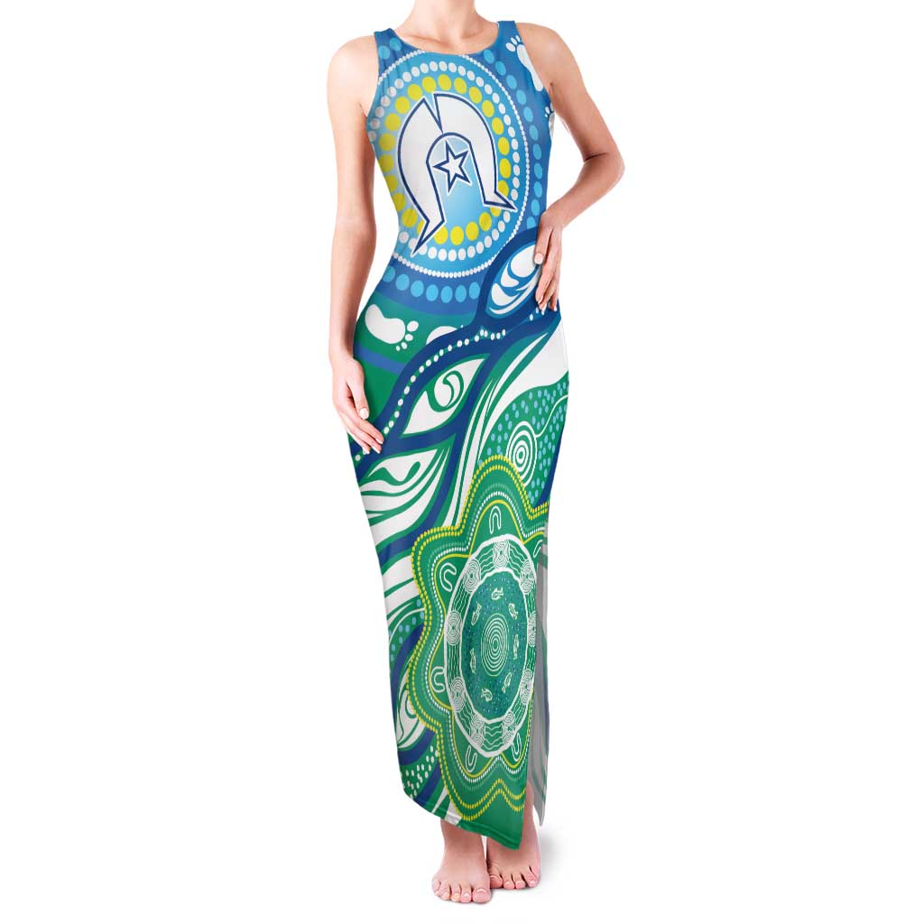 Torres Strait Islander Family Matching Tank Maxi Dress and Hawaiian Shirt Aboriginal Blue Art