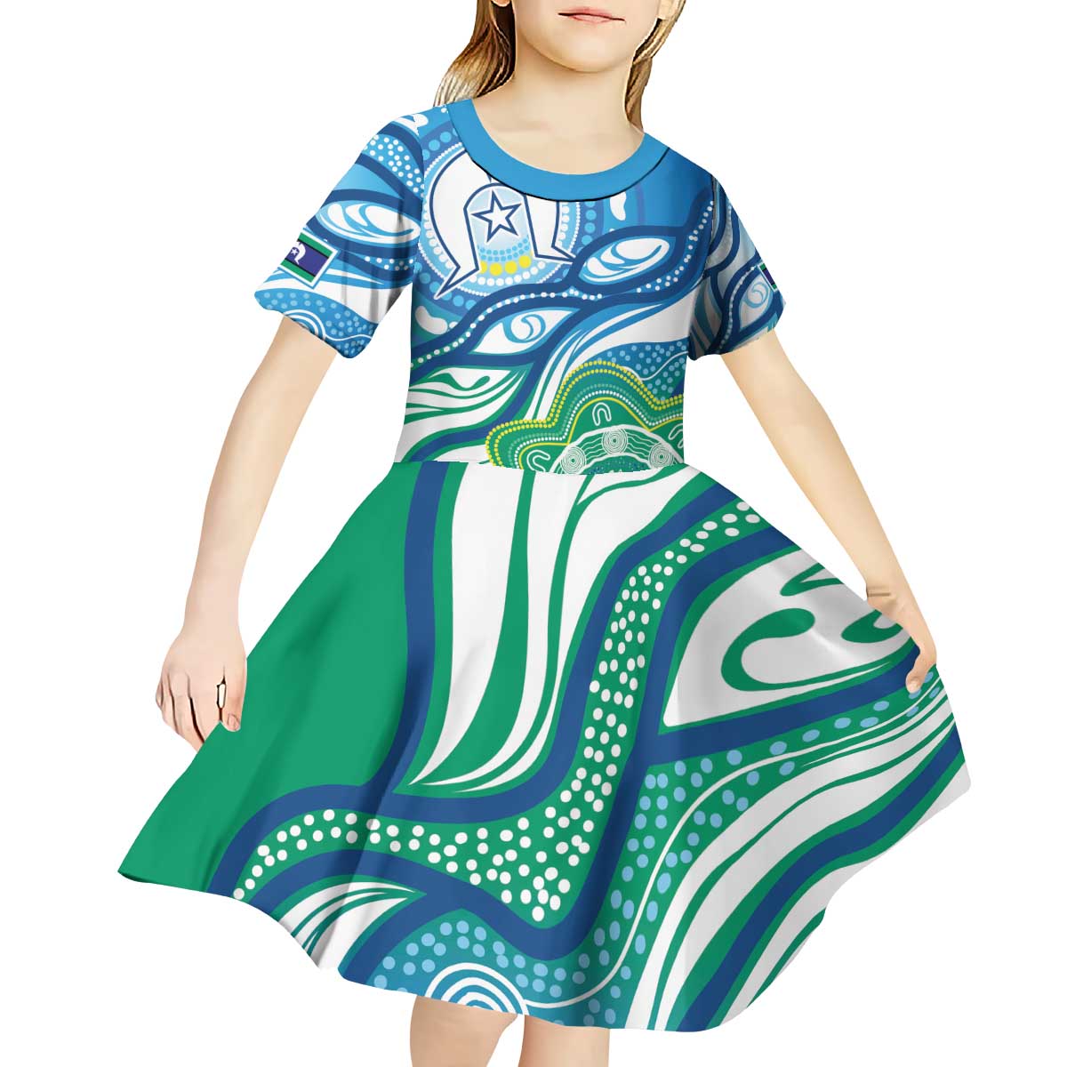 Torres Strait Islander Kid Short Sleeve Dress Aboriginal Blue Art - Vibe Hoodie Shop