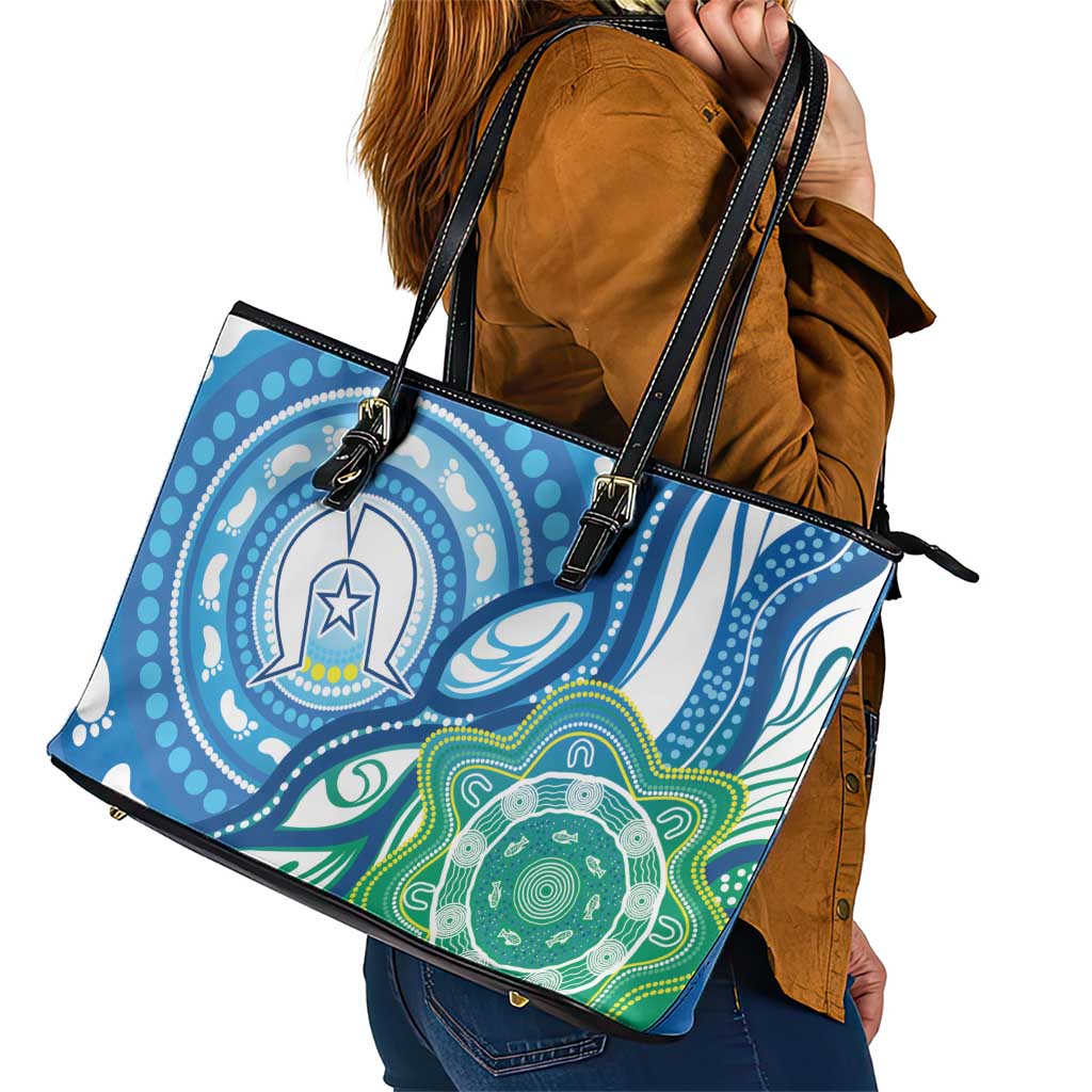 Torres Strait Islander Leather Tote Bag Aboriginal Blue Art