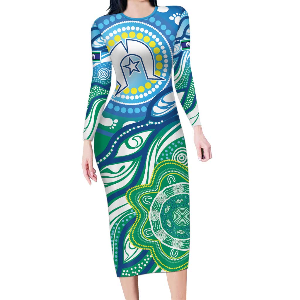 Torres Strait Islander Long Sleeve Bodycon Dress Aboriginal Blue Art