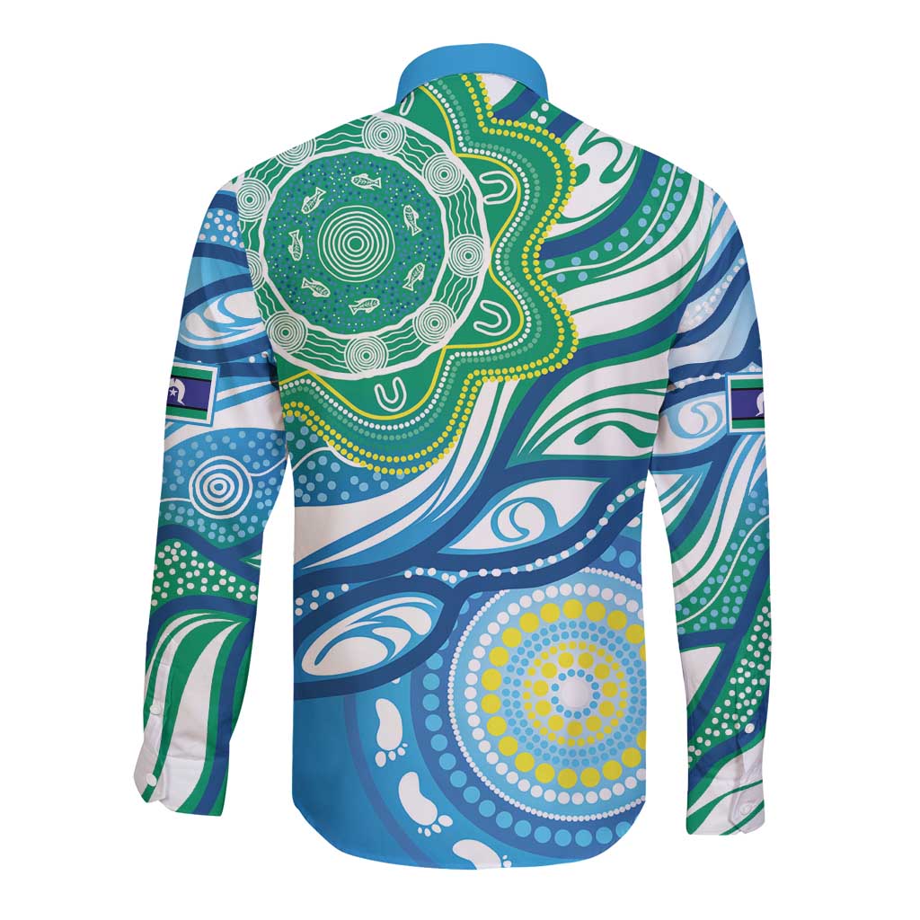 Torres Strait Islander Long Sleeve Button Shirt Aboriginal Blue Art - Vibe Hoodie Shop