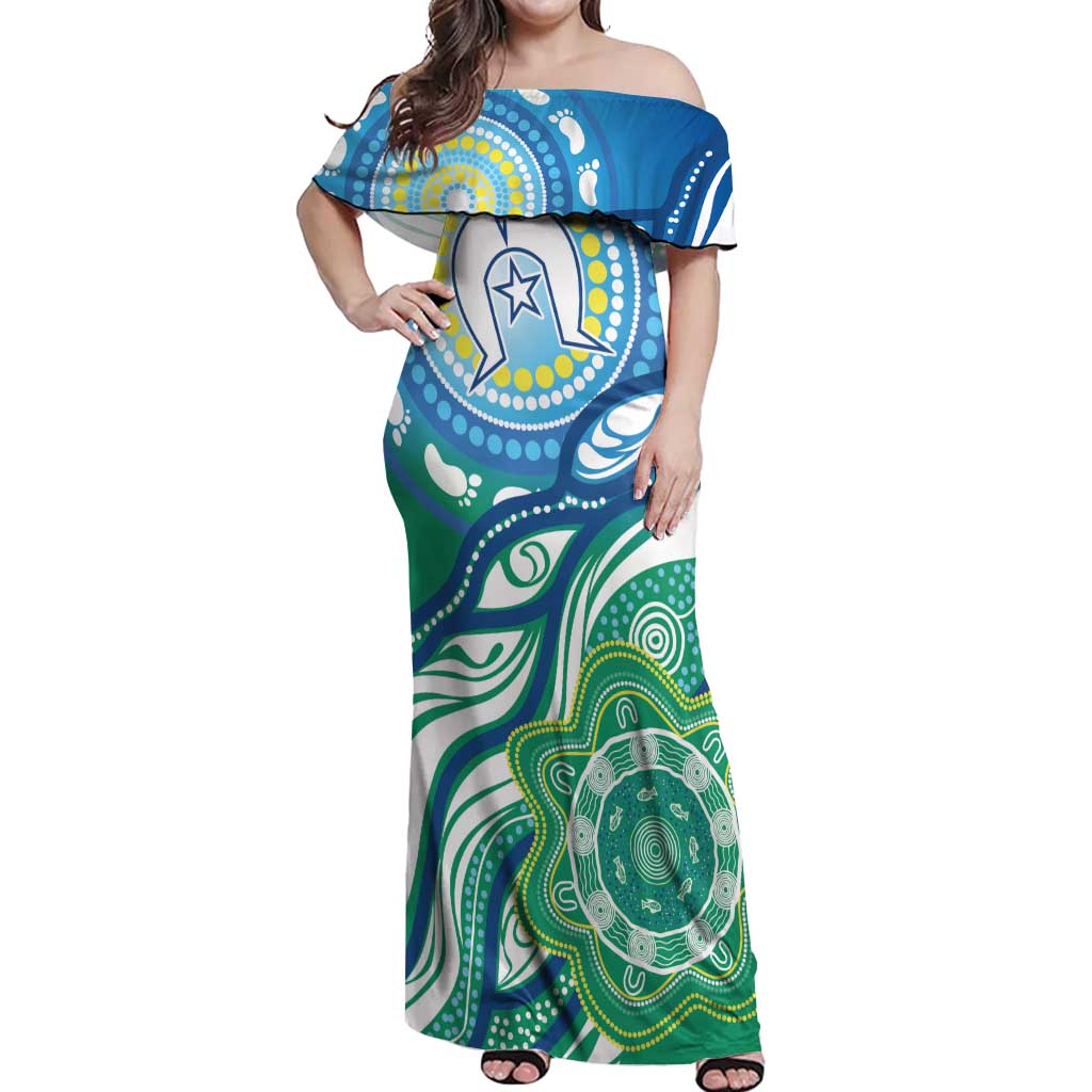 Torres Strait Islander Off Shoulder Maxi Dress Aboriginal Blue Art