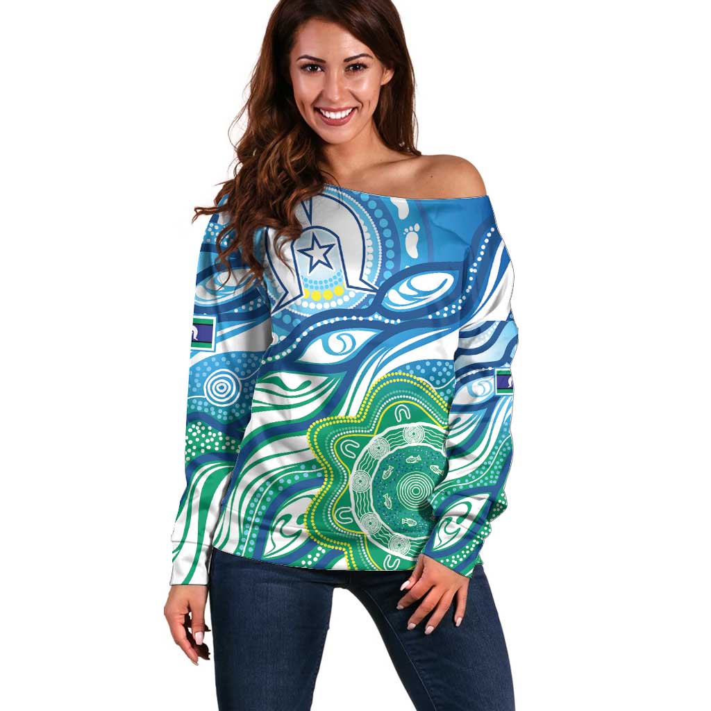 Torres Strait Islander Off Shoulder Sweater Aboriginal Blue Art - Vibe Hoodie Shop