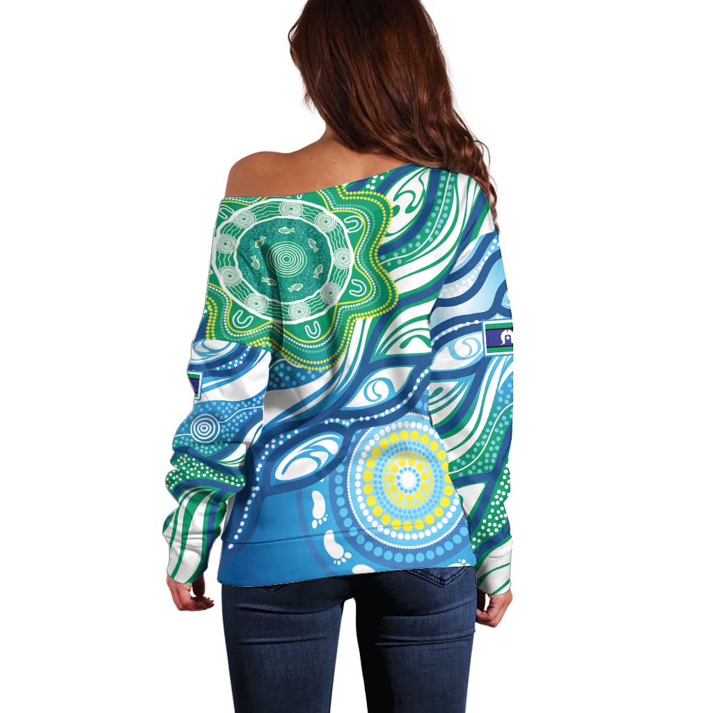 Torres Strait Islander Off Shoulder Sweater Aboriginal Blue Art - Vibe Hoodie Shop