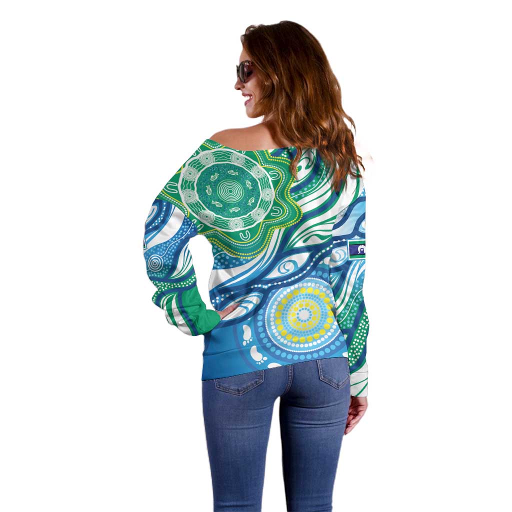 Torres Strait Islander Off Shoulder Sweater Aboriginal Blue Art - Vibe Hoodie Shop