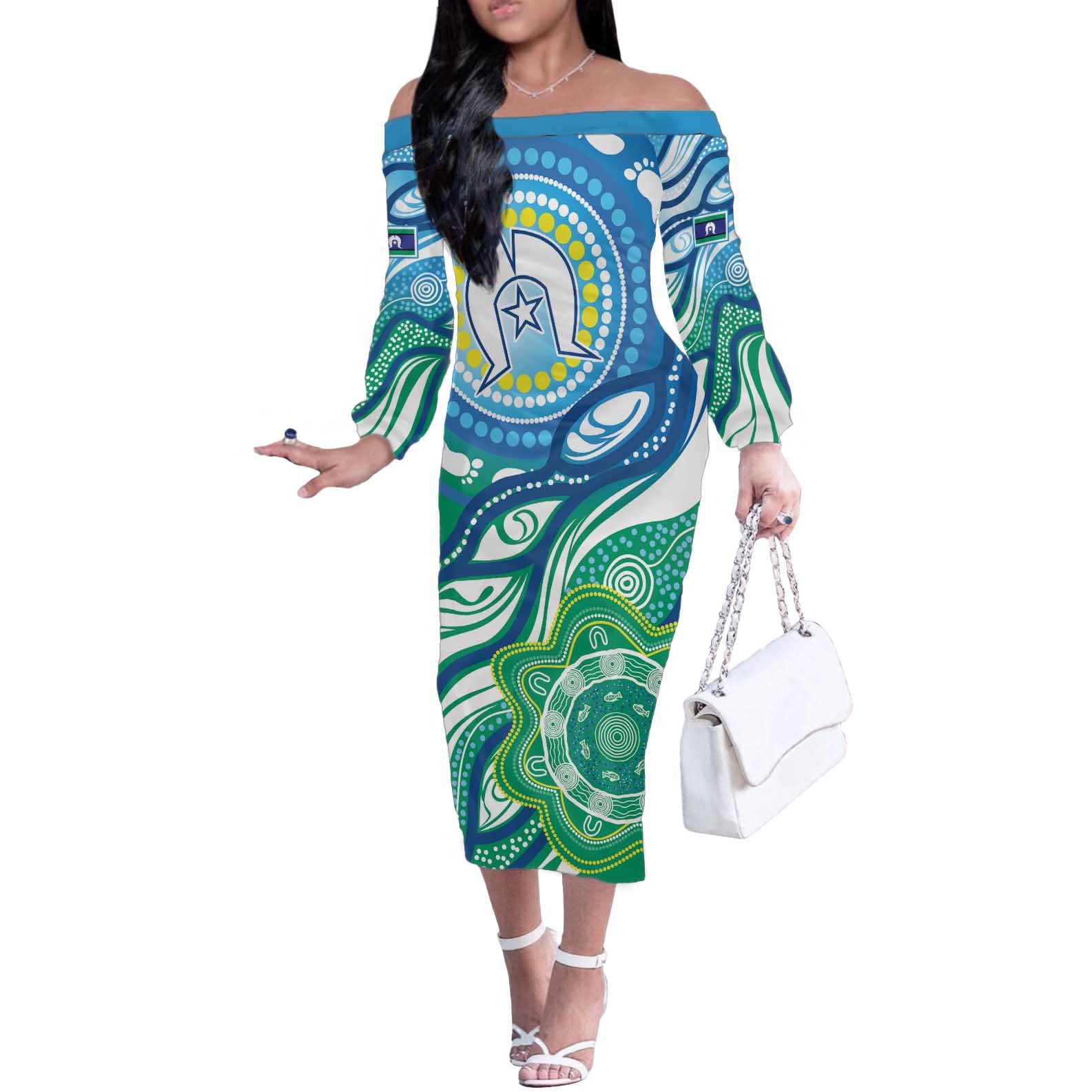 Torres Strait Islander Off The Shoulder Long Sleeve Dress Aboriginal Blue Art