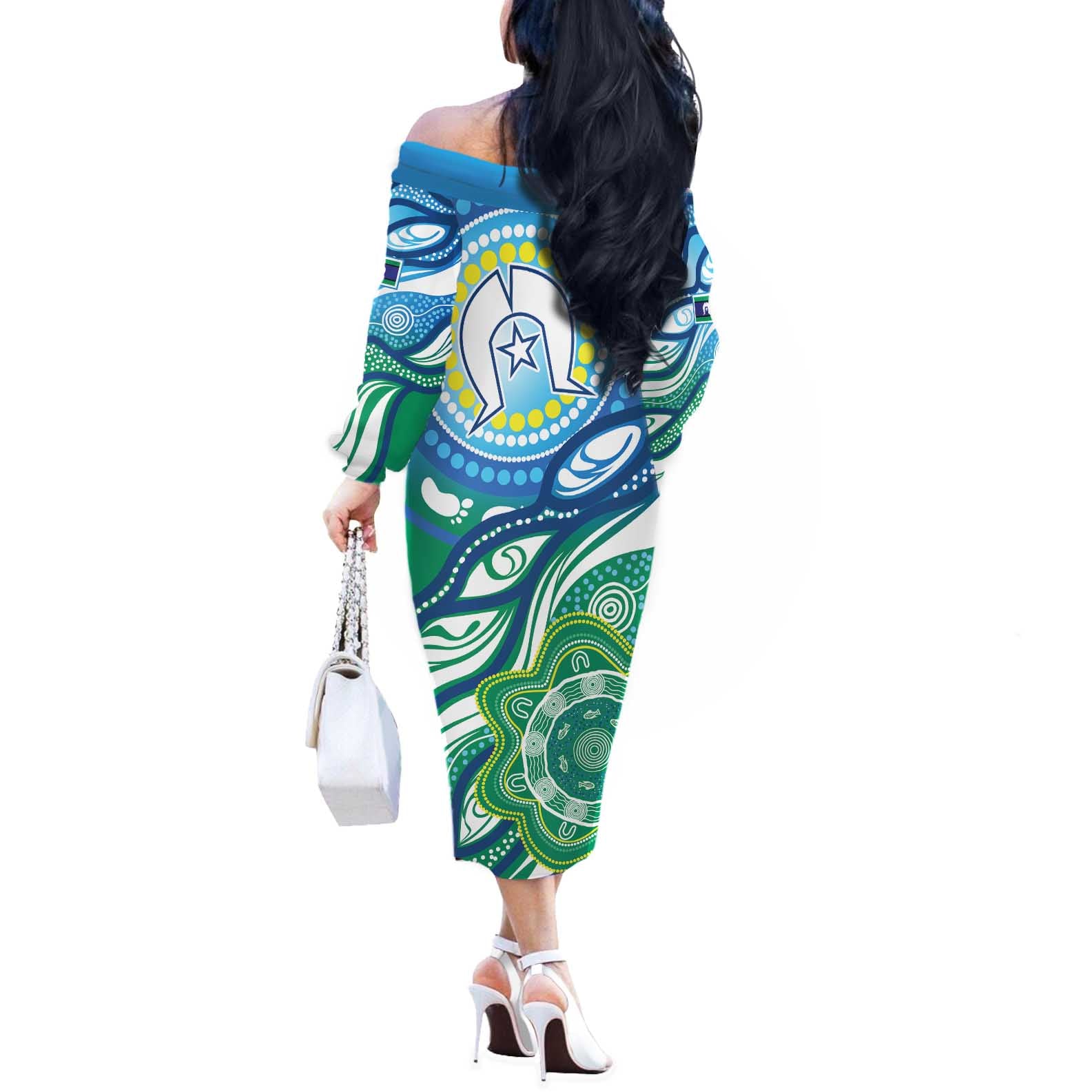 Torres Strait Islander Off The Shoulder Long Sleeve Dress Aboriginal Blue Art