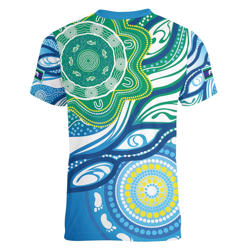 Torres Strait Islander Women V-Neck T-Shirt Aboriginal Blue Art - Vibe Hoodie Shop