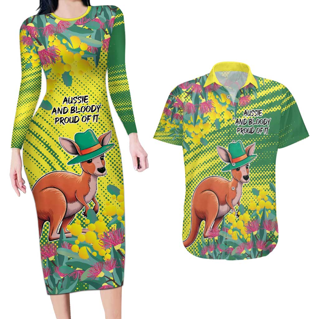 Aussie and Bloody Proud of It Couples Matching Long Sleeve Bodycon Dress and Hawaiian Shirt Happy Australia Day