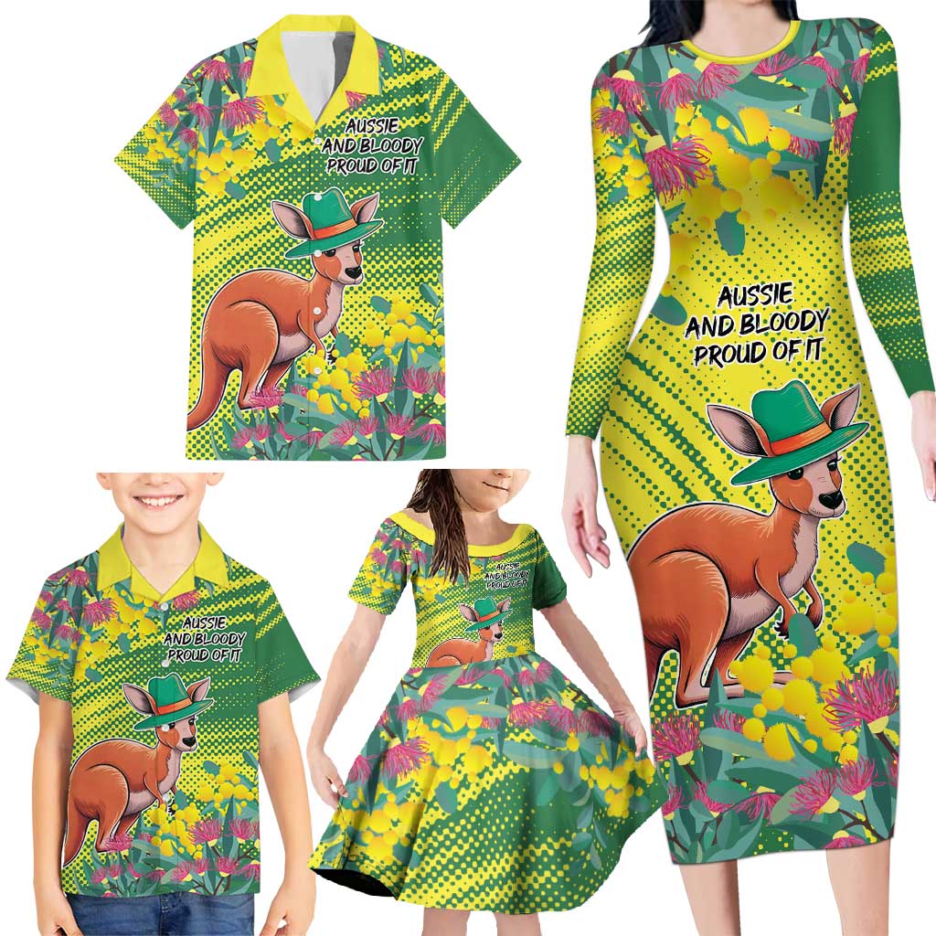 Aussie and Bloody Proud of It Family Matching Long Sleeve Bodycon Dress and Hawaiian Shirt Happy Australia Day