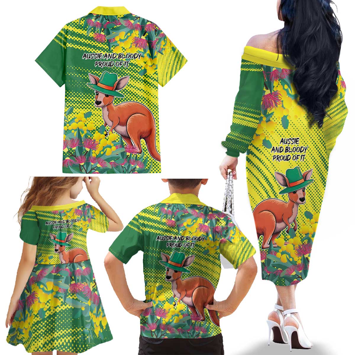 Aussie and Bloody Proud of It Family Matching Off The Shoulder Long Sleeve Dress and Hawaiian Shirt Happy Australia Day