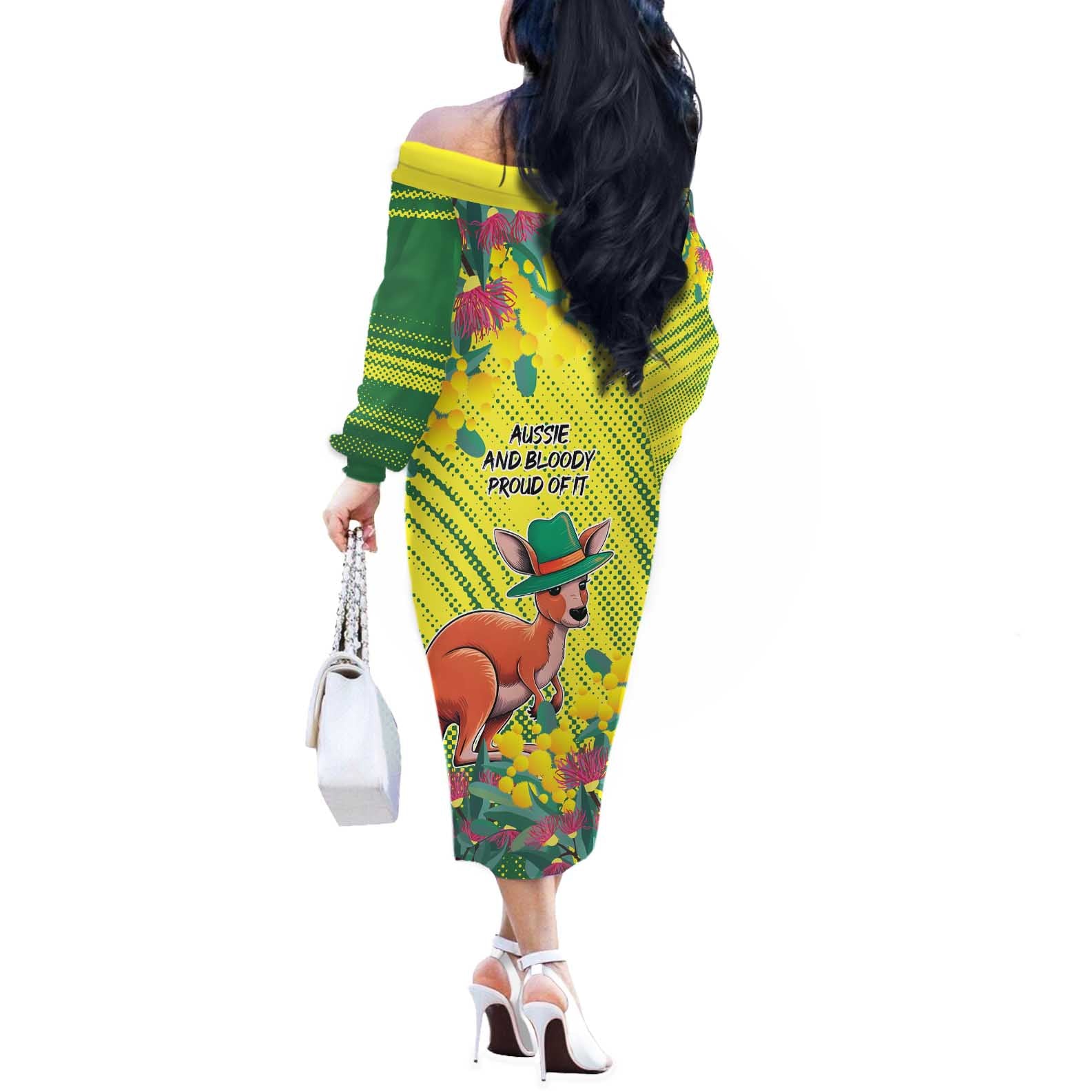 Aussie and Bloody Proud of It Off The Shoulder Long Sleeve Dress Happy Australia Day