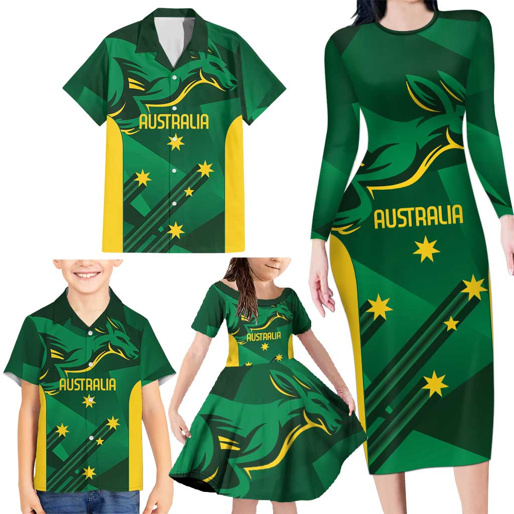 Australia Kangaroo Custom Family Matching Long Sleeve Bodycon Dress and Hawaiian Shirt Aussie National Color Sporty Pattern