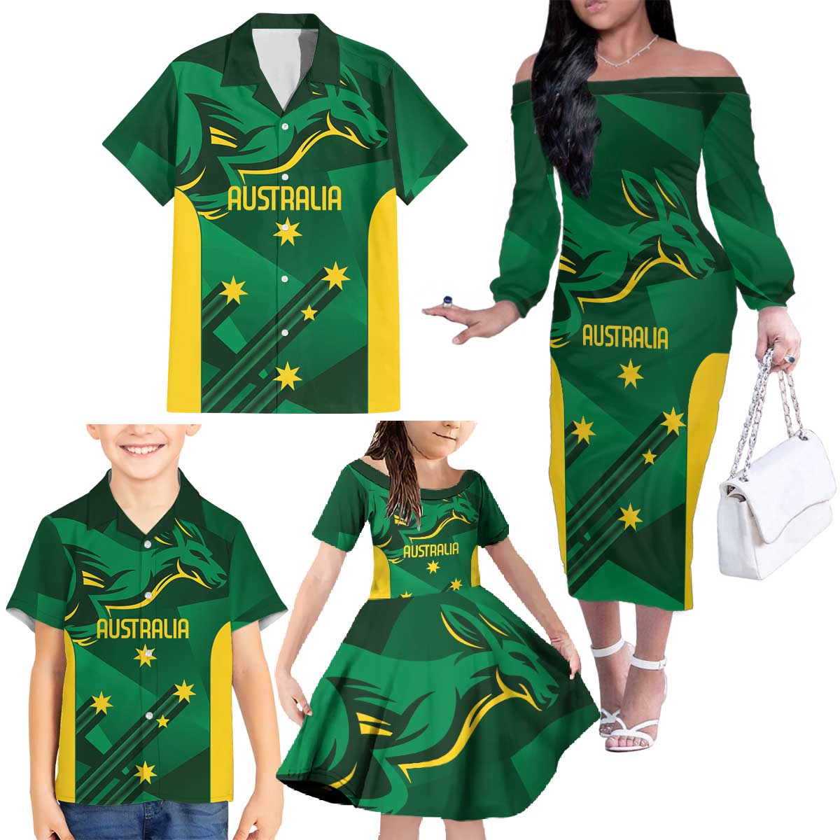 Australia Kangaroo Custom Family Matching Off The Shoulder Long Sleeve Dress and Hawaiian Shirt Aussie National Color Sporty Pattern