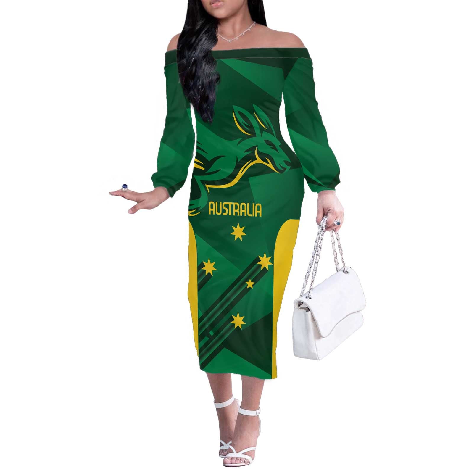 Australia Kangaroo Custom Off The Shoulder Long Sleeve Dress Aussie National Color Sporty Pattern