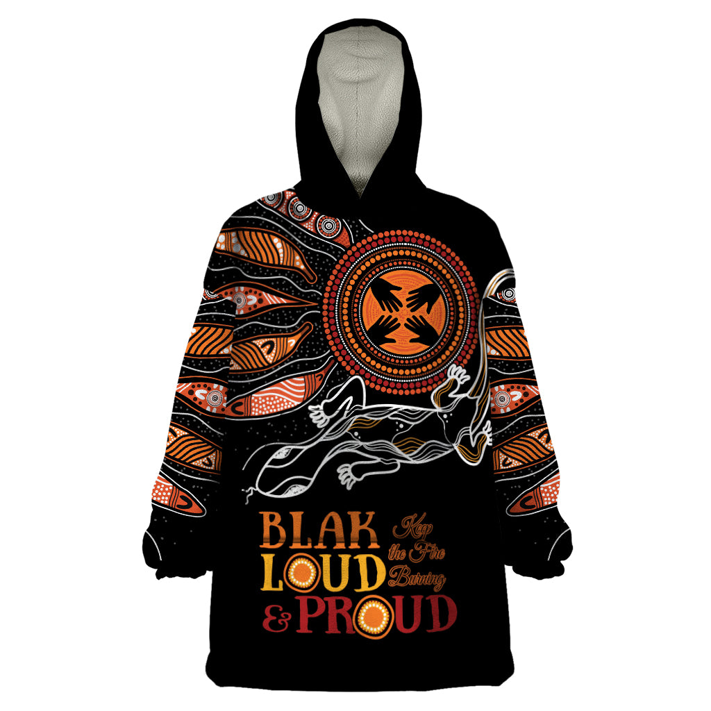 Australia NAIDOC 2024 Wearable Blanket Hoodie Blak Loud and Proud Aboriginal Lizard Art - Vibe Hoodie Shop