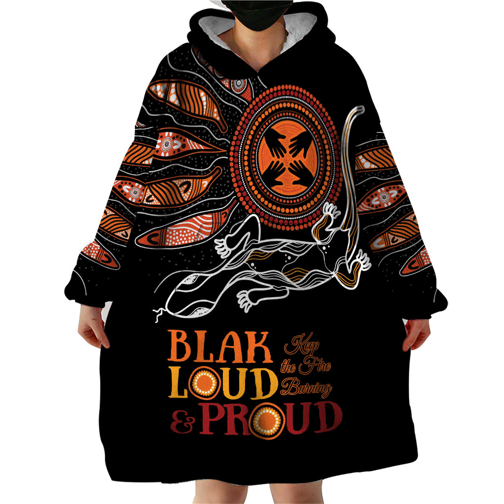 Australia NAIDOC 2024 Wearable Blanket Hoodie Blak Loud and Proud Aboriginal Lizard Art - Vibe Hoodie Shop