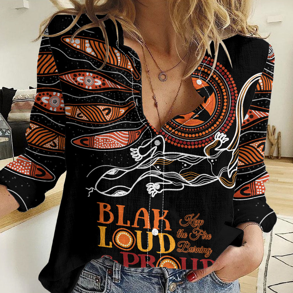 Australia NAIDOC 2024 Women Casual Shirt Blak Loud and Proud Aboriginal Lizard Art - Vibe Hoodie Shop