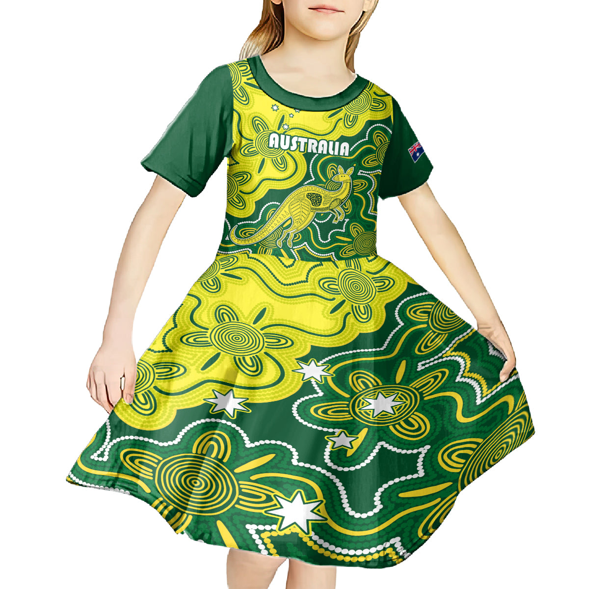 Australia Cricket Kid Short Sleeve Dress Go Aussie World Cup 2023 Aboriginal Style Unique - Vibe Hoodie Shop