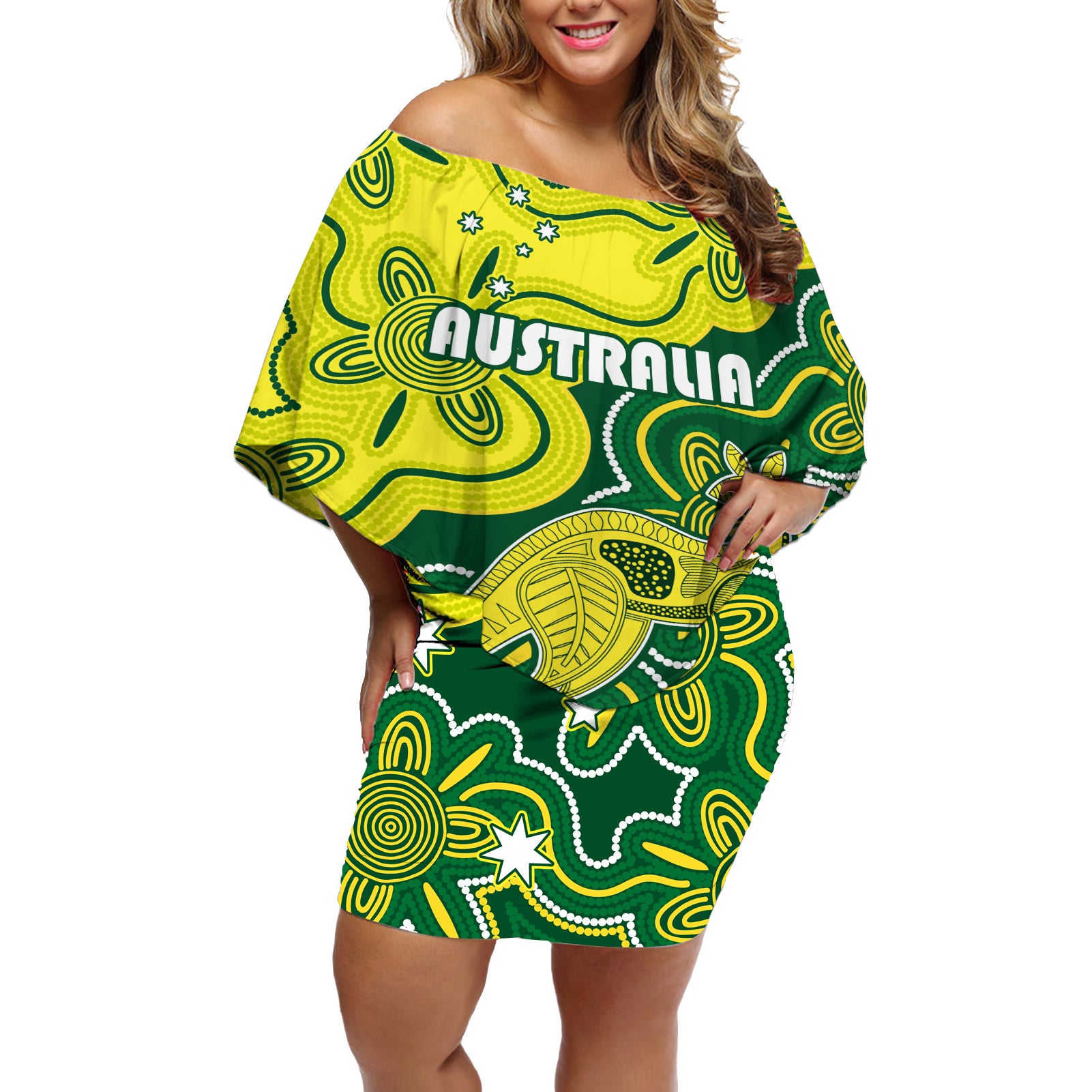 australia-cricket-off-shoulder-short-dress-go-aussie-world-cup-2023-aboriginal-style-unique