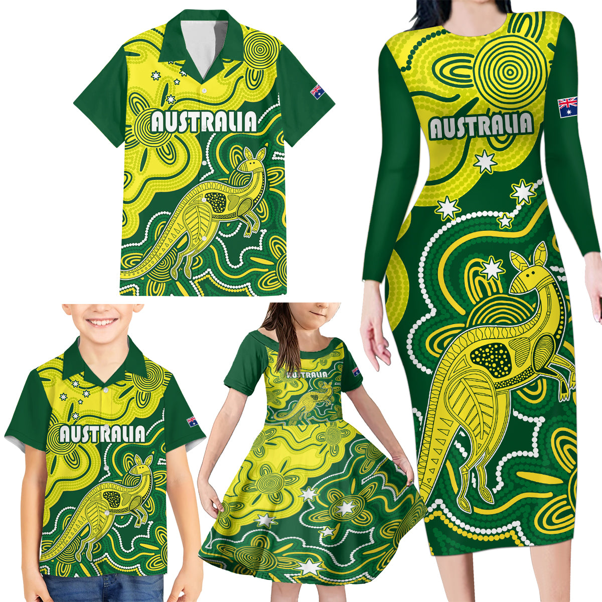 custom-australia-cricket-family-matching-long-sleeve-bodycon-dress-and-hawaiian-shirt-go-aussie-world-cup-2023-aboriginal-style-unique