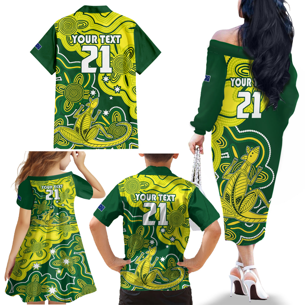 custom-australia-cricket-family-matching-off-shoulder-long-sleeve-dress-and-hawaiian-shirt-go-aussie-world-cup-2023-aboriginal-style-unique