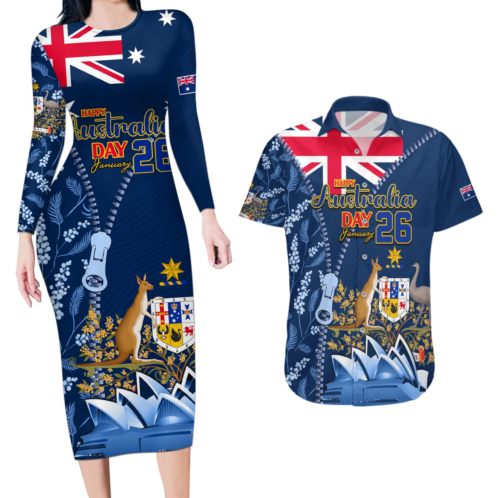 Personalised Happy Australia Day 26 January Couples Matching Long Sleeve Bodycon Dress and Hawaiian Shirt LT9