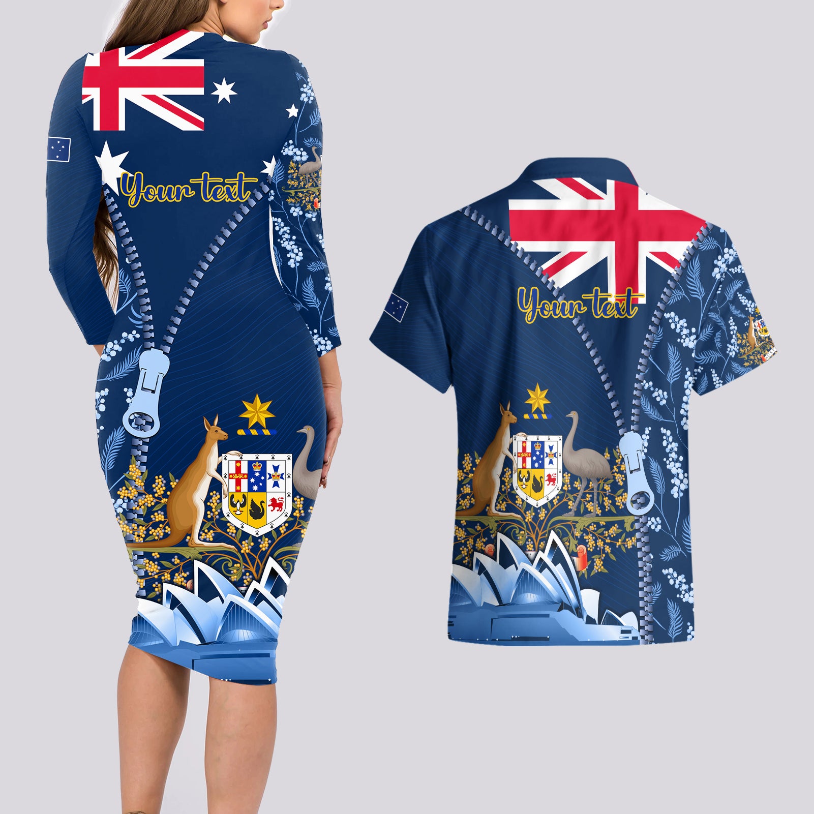 Personalised Happy Australia Day 26 January Couples Matching Long Sleeve Bodycon Dress and Hawaiian Shirt LT9