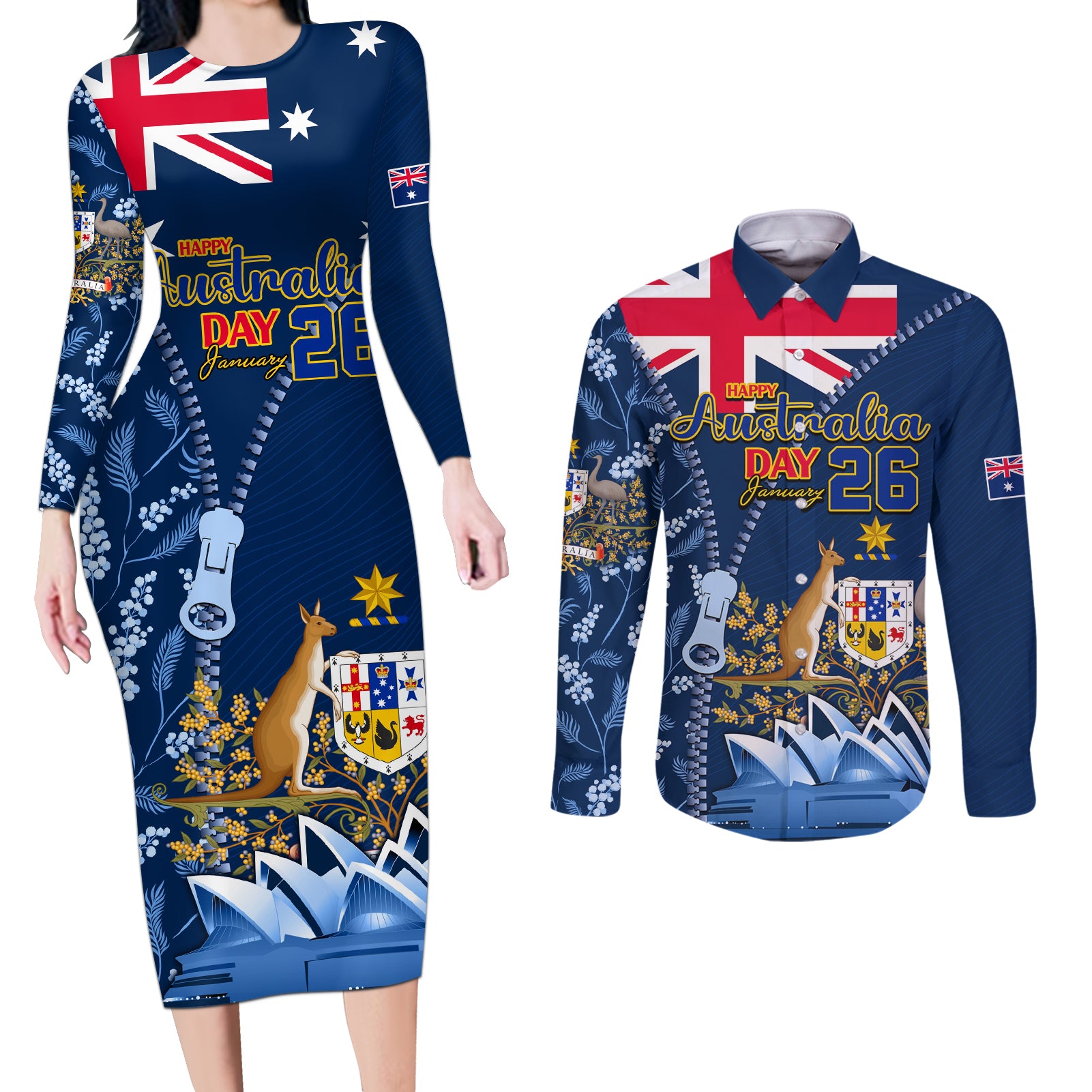 Personalised Happy Australia Day 26 January Couples Matching Long Sleeve Bodycon Dress and Long Sleeve Button Shirt LT9