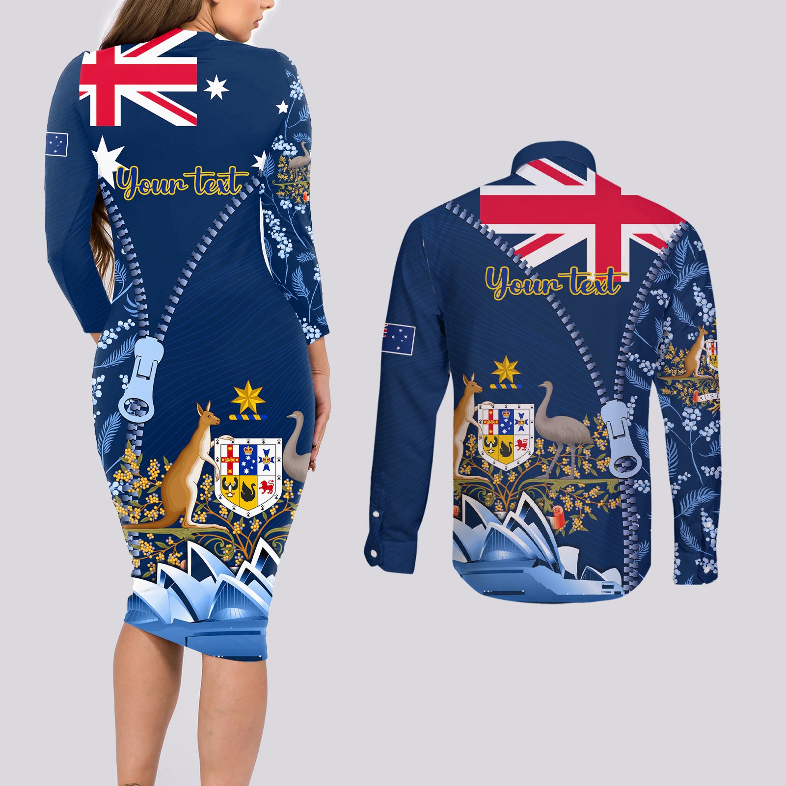 Personalised Happy Australia Day 26 January Couples Matching Long Sleeve Bodycon Dress and Long Sleeve Button Shirt LT9