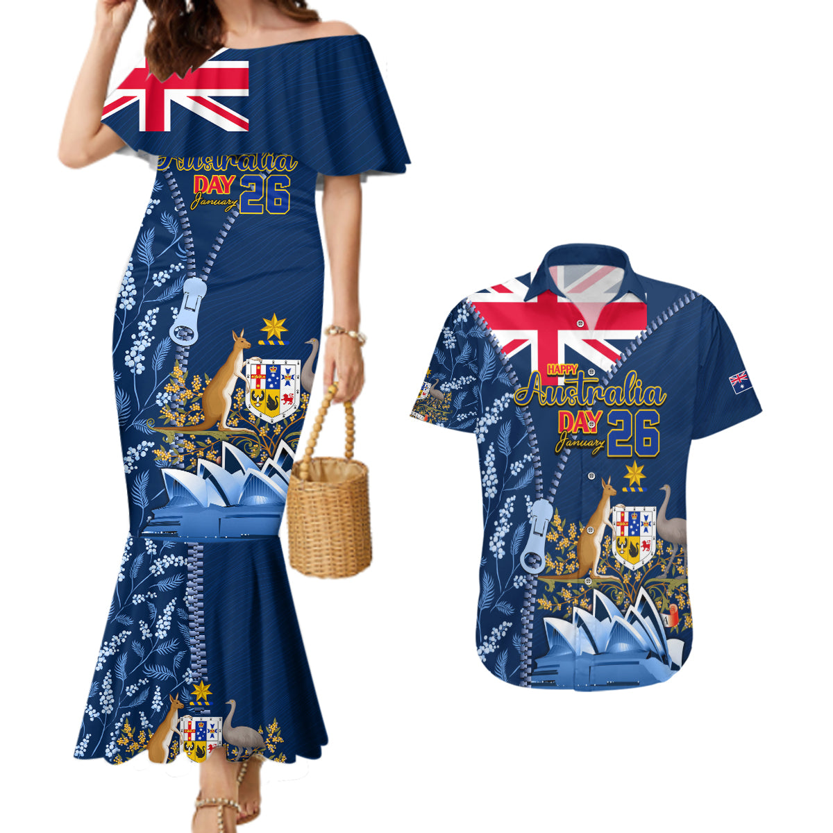 Personalised Happy Australia Day 26 January Couples Matching Mermaid Dress and Hawaiian Shirt LT9