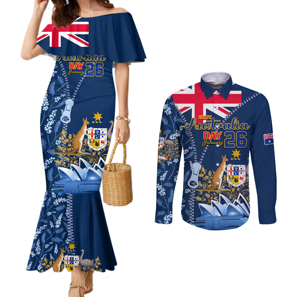 Personalised Happy Australia Day 26 January Couples Matching Mermaid Dress and Long Sleeve Button Shirt LT9