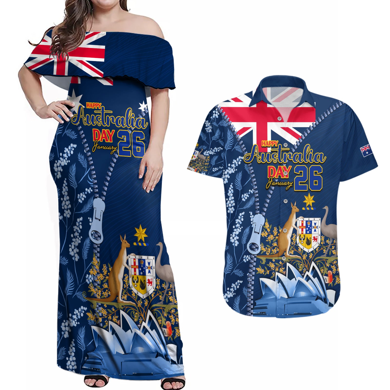 Personalised Happy Australia Day 26 January Couples Matching Off Shoulder Maxi Dress and Hawaiian Shirt LT9