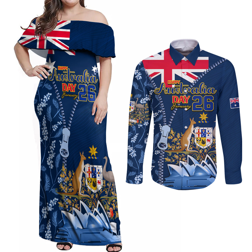 Personalised Happy Australia Day 26 January Couples Matching Off Shoulder Maxi Dress and Long Sleeve Button Shirt LT9