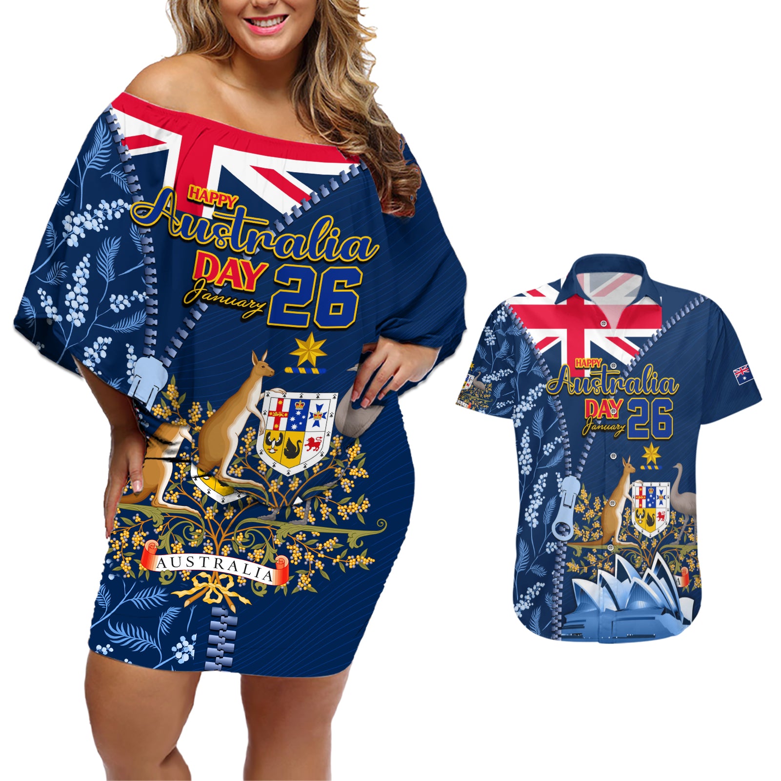 Personalised Happy Australia Day 26 January Couples Matching Off Shoulder Short Dress and Hawaiian Shirt LT9