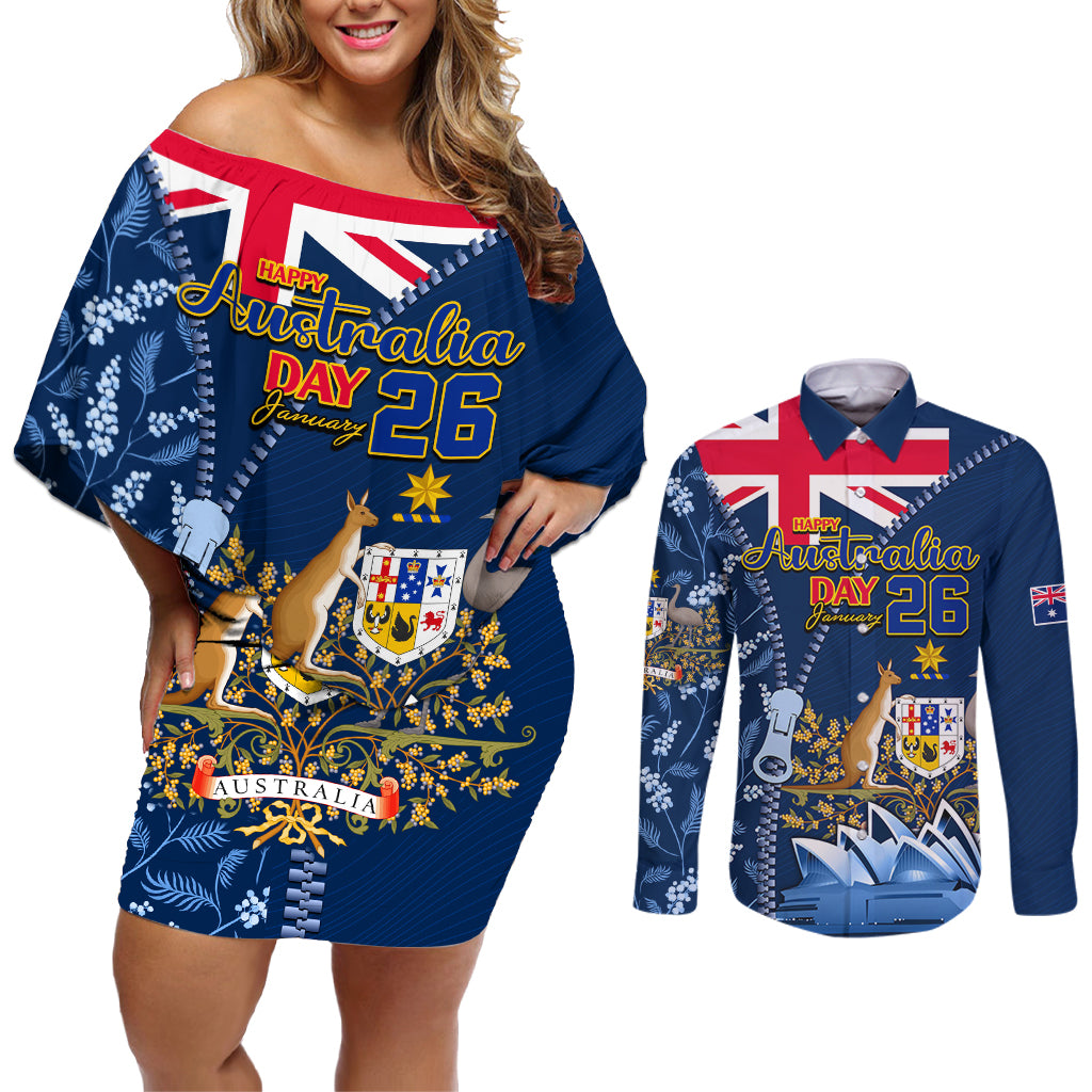 Personalised Happy Australia Day 26 January Couples Matching Off Shoulder Short Dress and Long Sleeve Button Shirt LT9