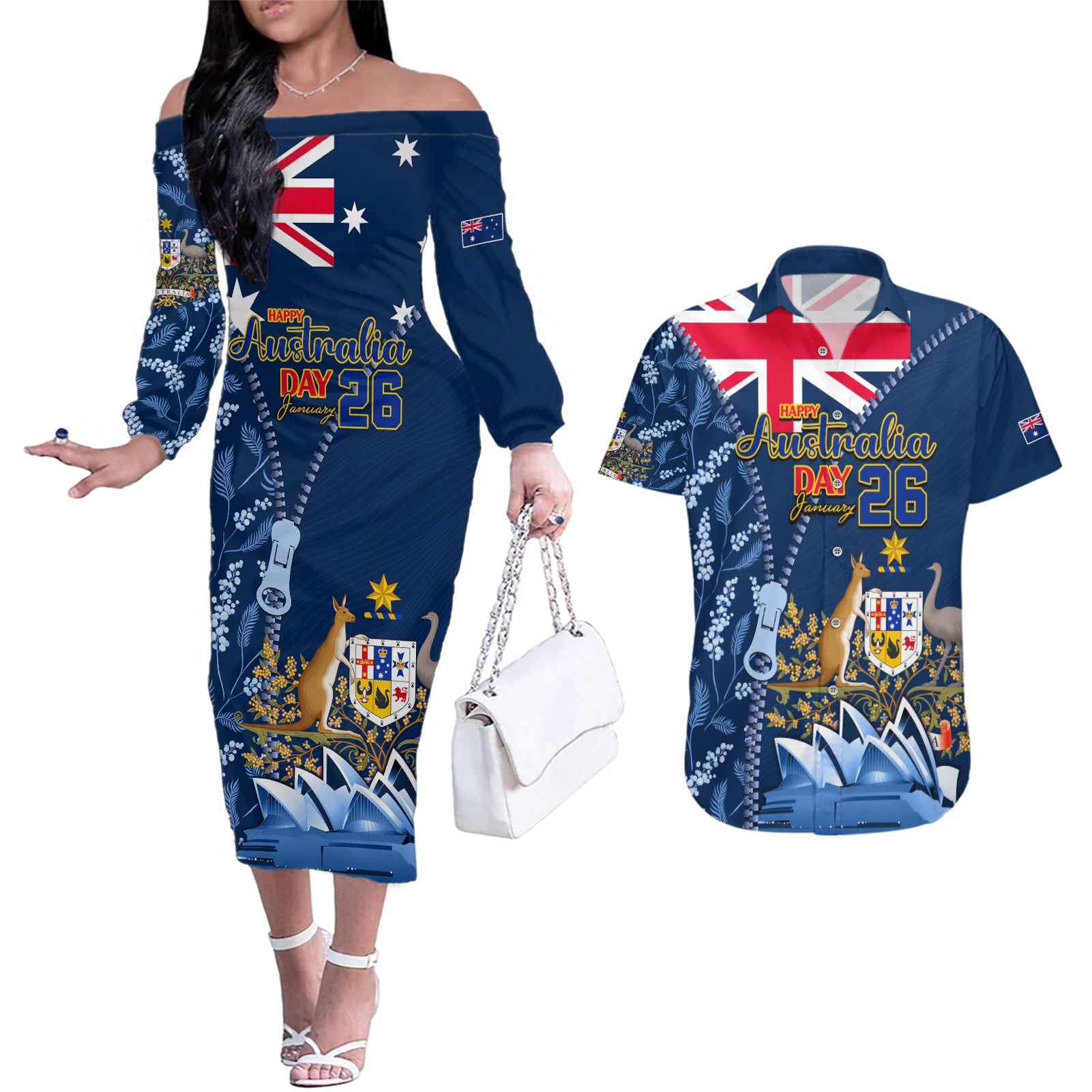 Personalised Happy Australia Day 26 January Couples Matching Off The Shoulder Long Sleeve Dress and Hawaiian Shirt LT9