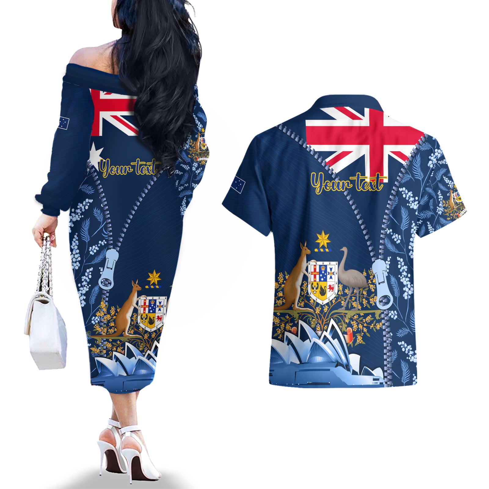 Personalised Happy Australia Day 26 January Couples Matching Off The Shoulder Long Sleeve Dress and Hawaiian Shirt LT9