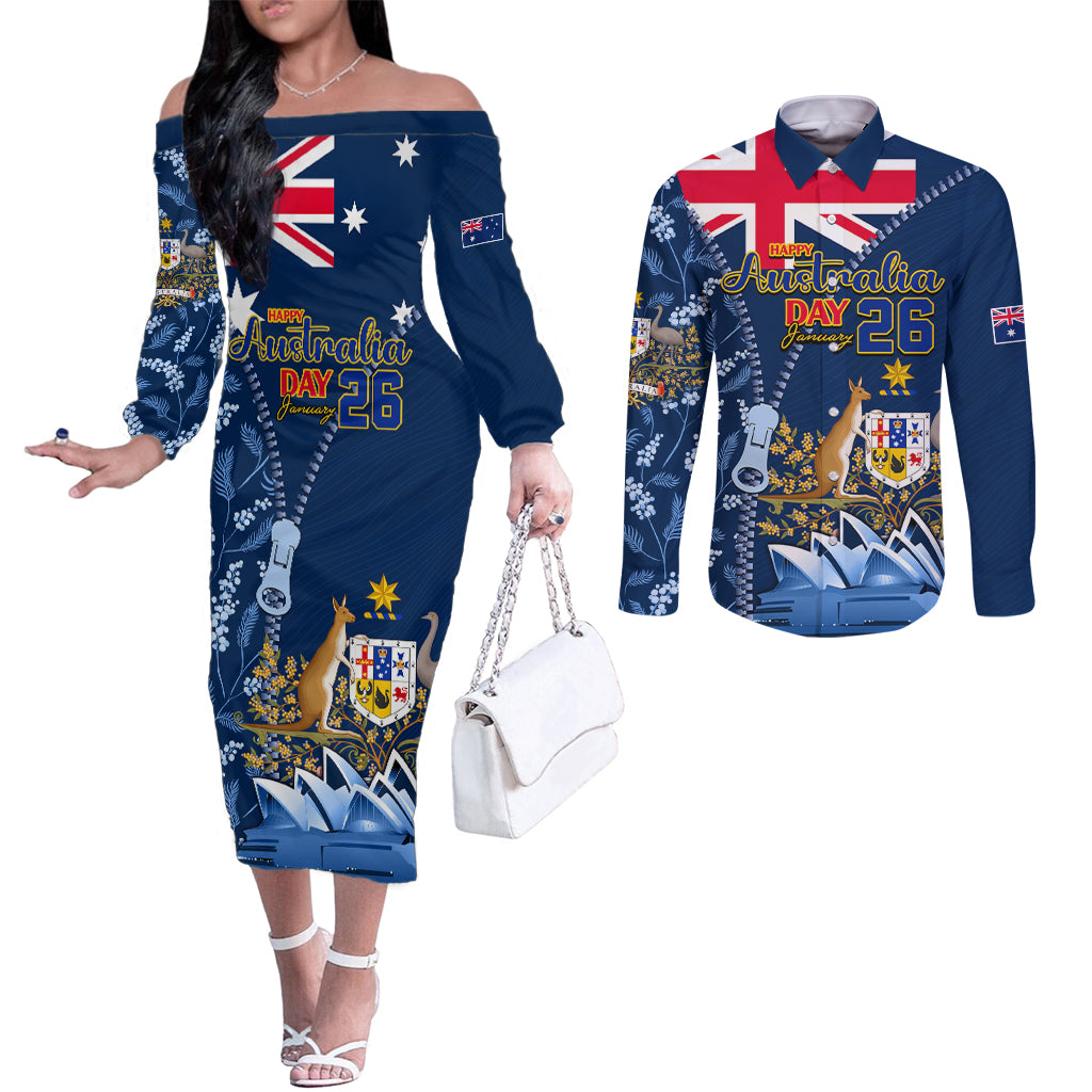 Personalised Happy Australia Day 26 January Couples Matching Off The Shoulder Long Sleeve Dress and Long Sleeve Button Shirt LT9