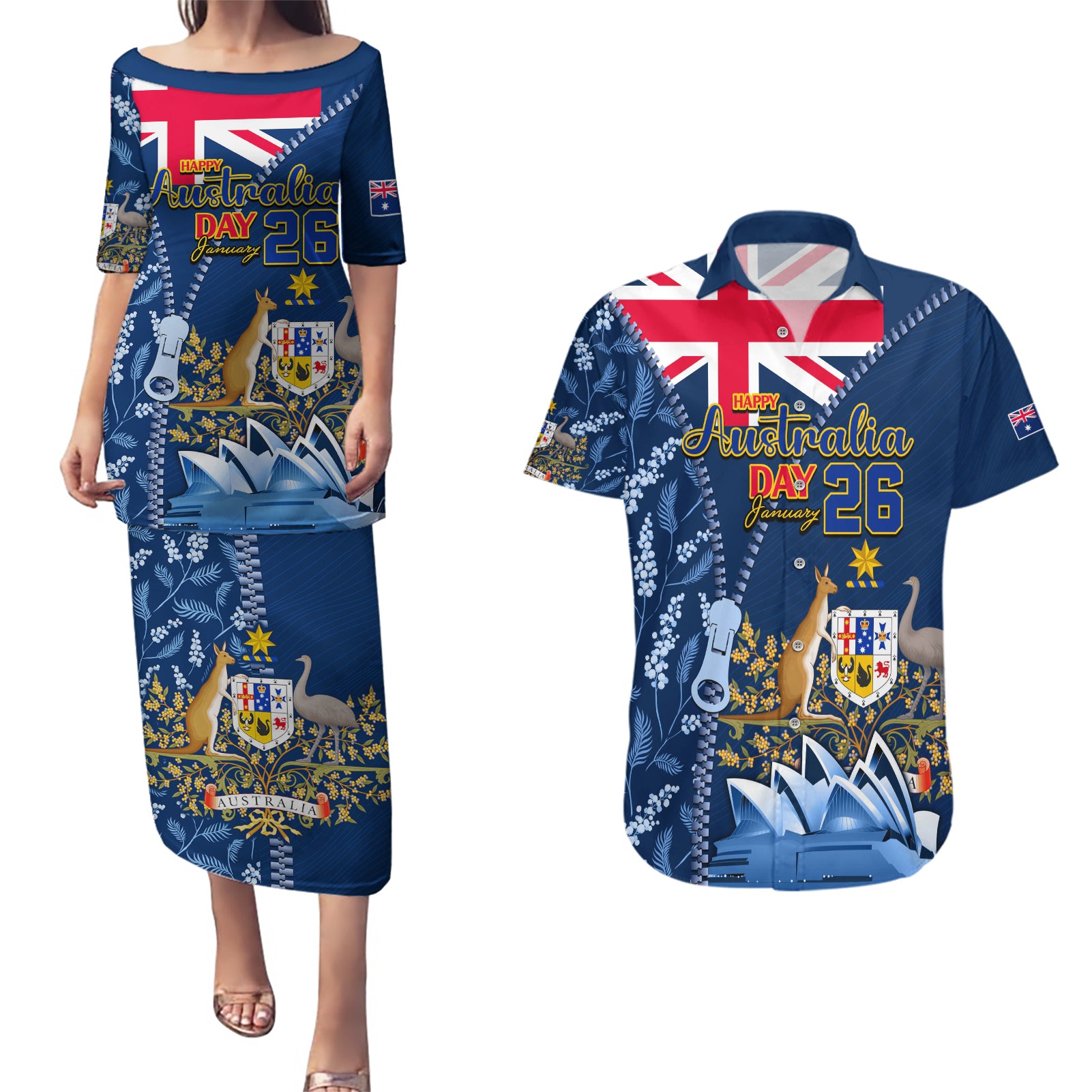 Personalised Happy Australia Day 26 January Couples Matching Puletasi Dress and Hawaiian Shirt LT9