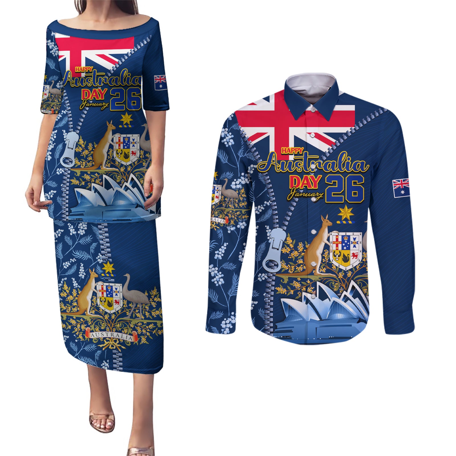 Personalised Happy Australia Day 26 January Couples Matching Puletasi Dress and Long Sleeve Button Shirt LT9