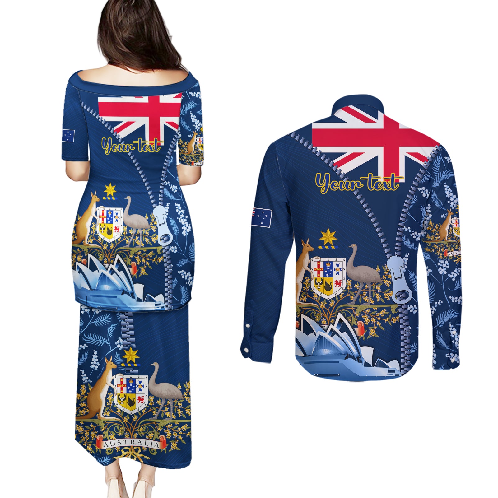 Personalised Happy Australia Day 26 January Couples Matching Puletasi Dress and Long Sleeve Button Shirt LT9