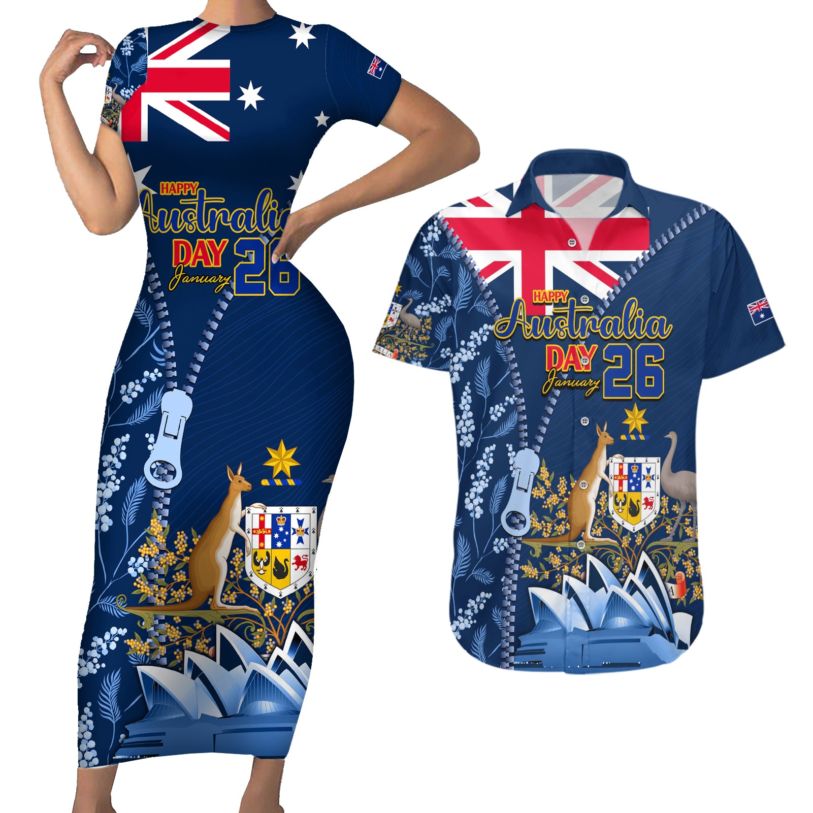 Personalised Happy Australia Day 26 January Couples Matching Short Sleeve Bodycon Dress and Hawaiian Shirt LT9