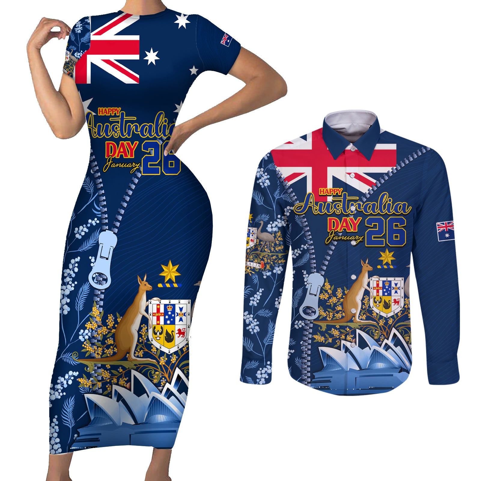 Personalised Happy Australia Day 26 January Couples Matching Short Sleeve Bodycon Dress and Long Sleeve Button Shirt LT9