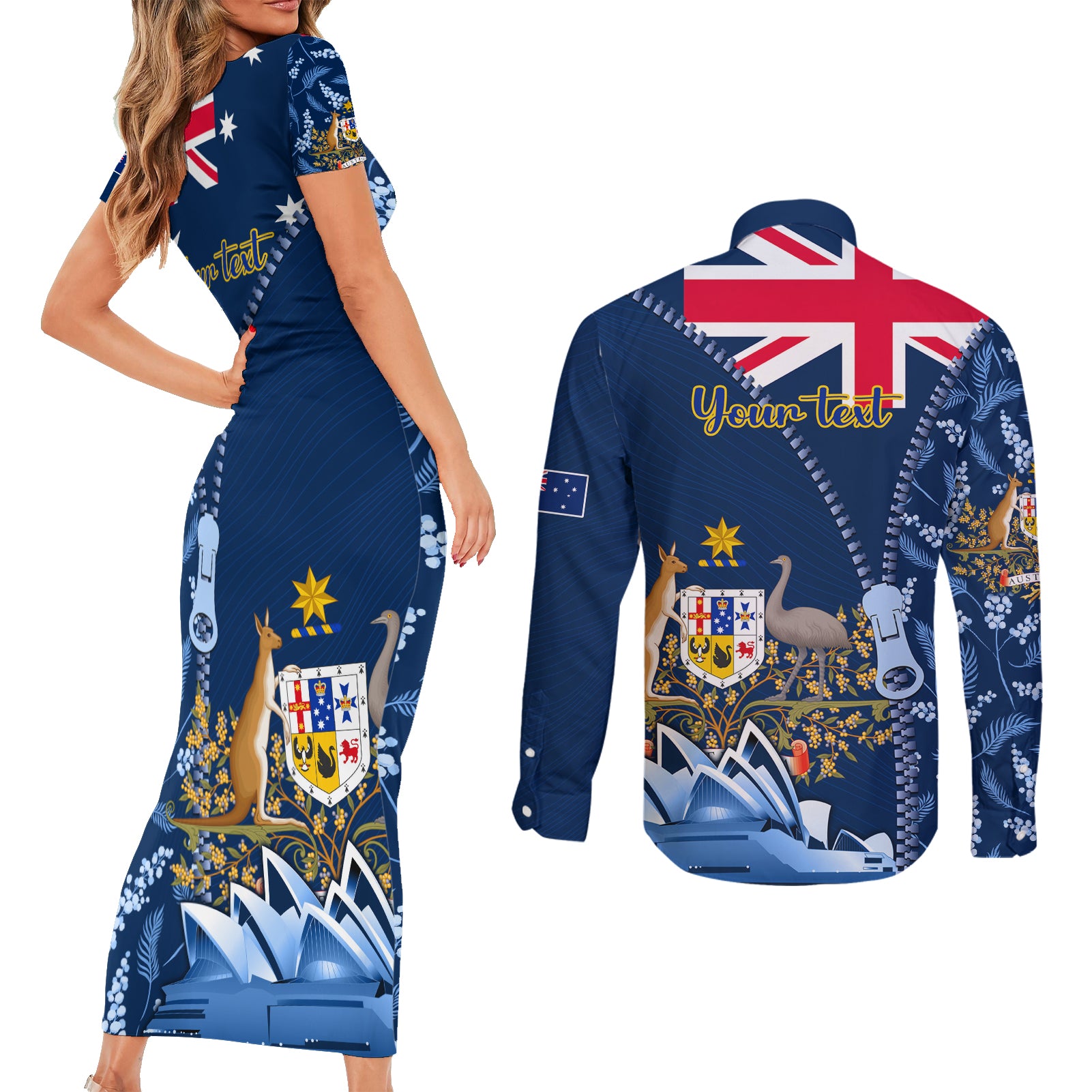 Personalised Happy Australia Day 26 January Couples Matching Short Sleeve Bodycon Dress and Long Sleeve Button Shirt LT9