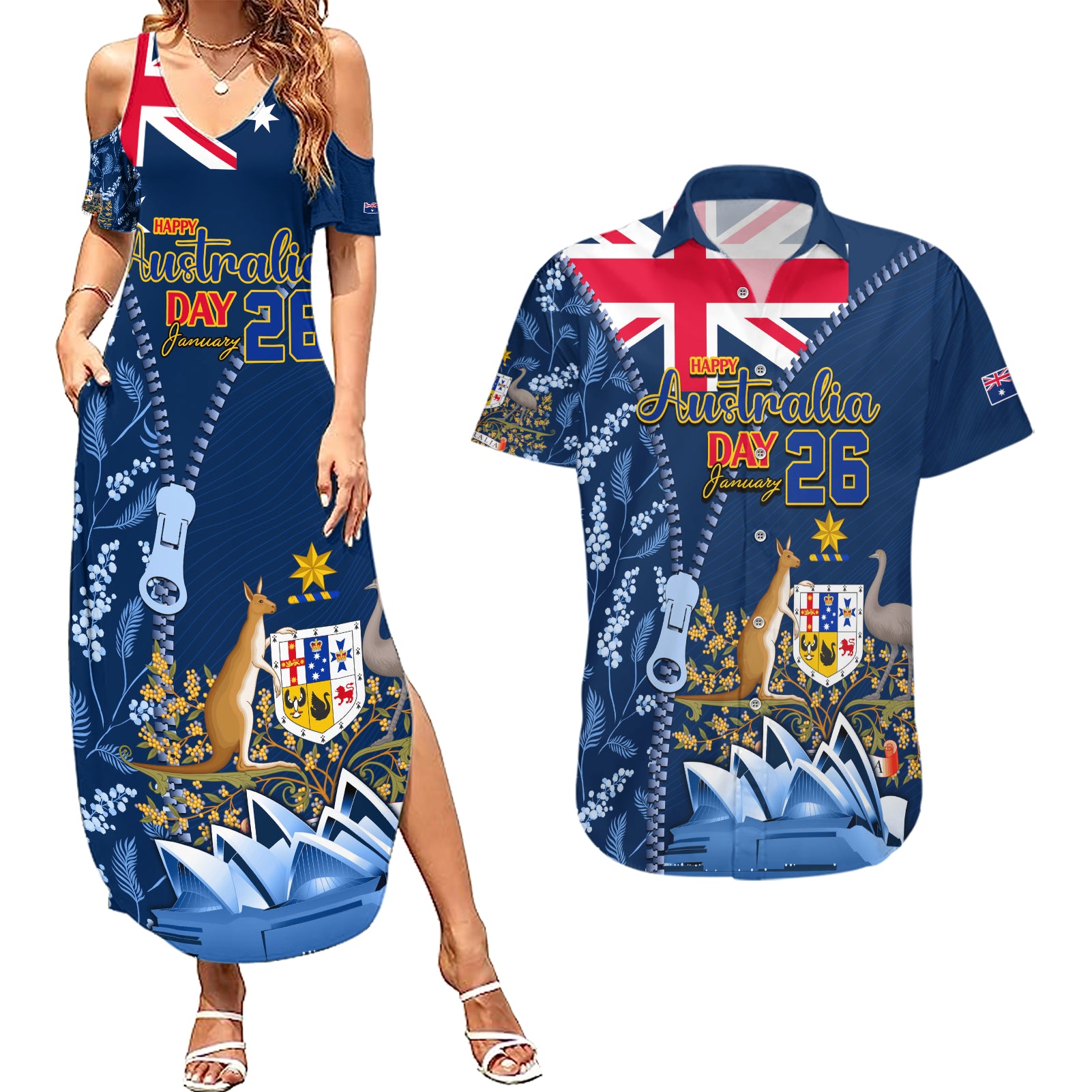 Personalised Happy Australia Day 26 January Couples Matching Summer Maxi Dress and Hawaiian Shirt LT9