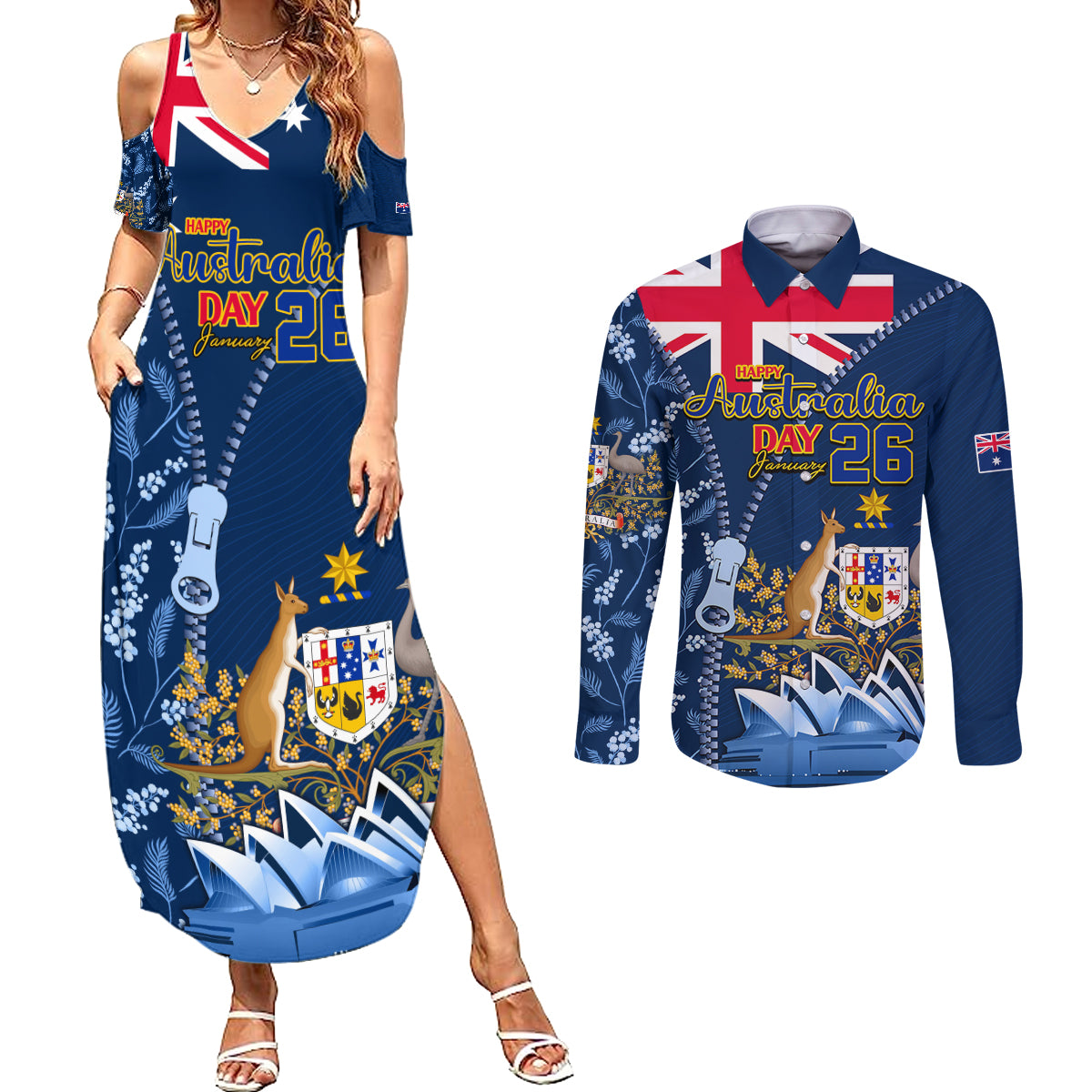 Personalised Happy Australia Day 26 January Couples Matching Summer Maxi Dress and Long Sleeve Button Shirt LT9